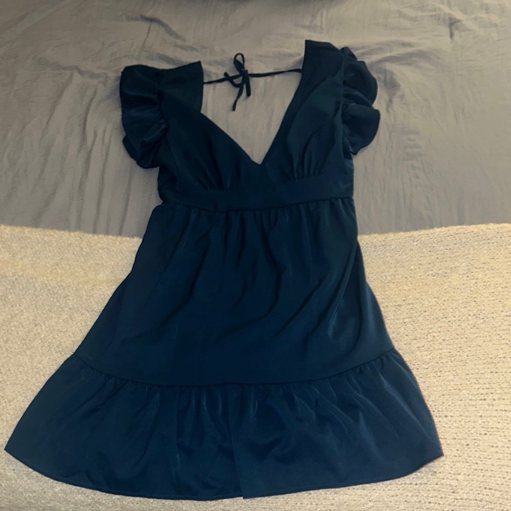 Blue Ruffled Backless Babydoll Mini Dress